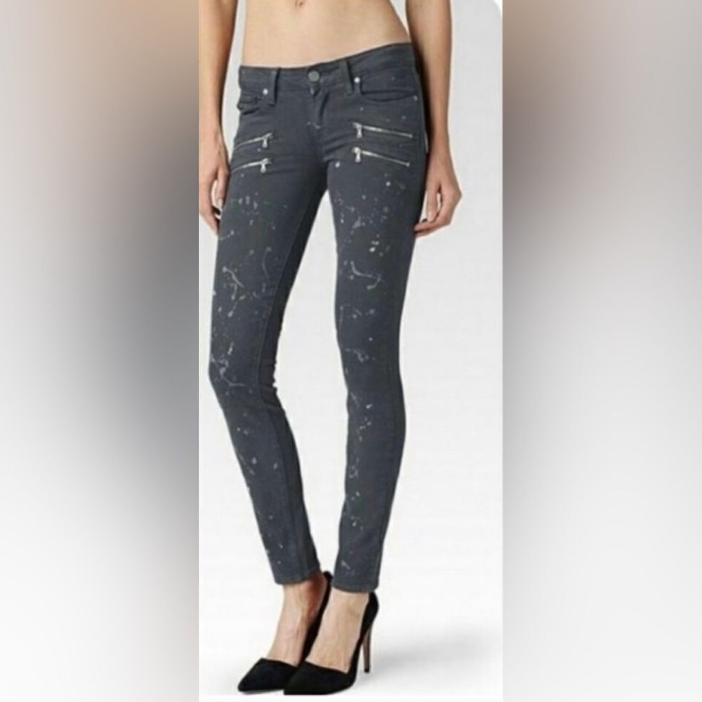 PAIGE Edgemont Grey Zip Paint Splatter Skinny Jeans Size 28